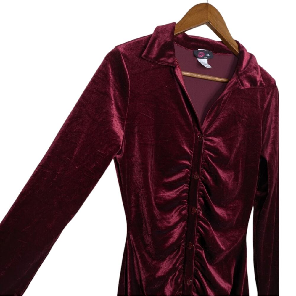 INC USA Ruched Velvet Shirt Dress Medium Red Y2K Witchy Glam Glam Vampy